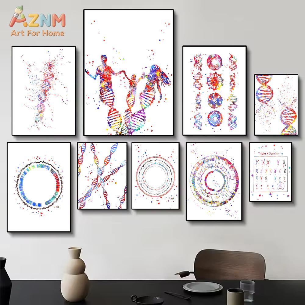 Medical Lab And Science - AZNM カラフルな水彩画 DNA 遺伝子キャンバスプリント人間家族染色体科学医療生物学研究所壁ポスター非フレーム D
